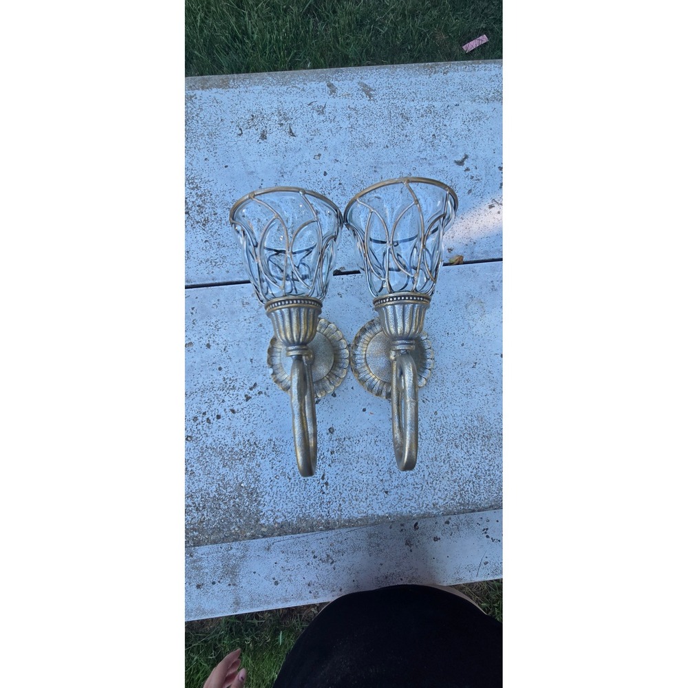 Vintage Style Antique Gold Metal Glass Hurricane Wall Sconce Candle Holder Set 2